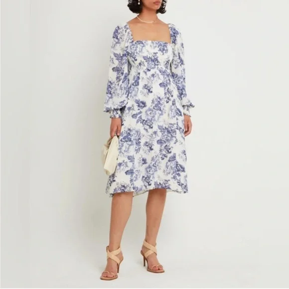 🔥 Closet Sale! Reformation-Inspired | o.p.t Blue & White Long Sleeve Sundress - Picture 1 of 4